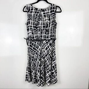 AGB Black/White Abstract Print Sleeveless Belted A-Line Dress Sz 8